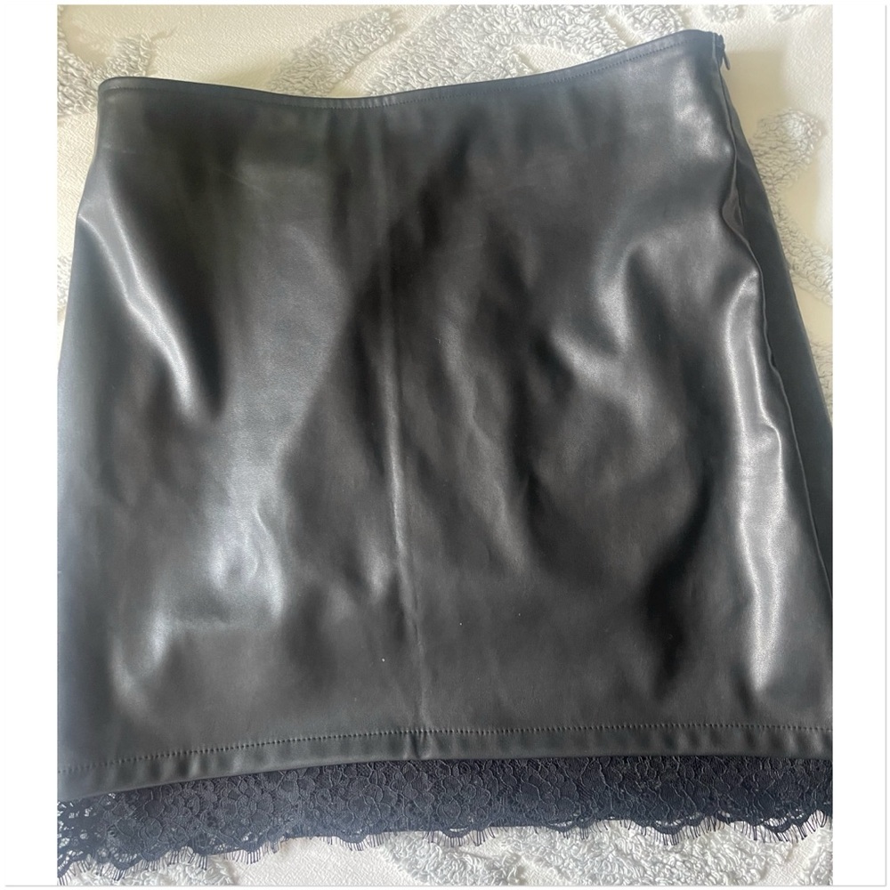 Faux leather midi skirt with lace hem